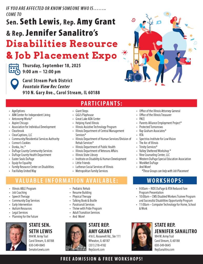 Promo flier for Disabilities Resource & Job Placement Expo on Sept. 18, 2025 from 9 AM to Noon at Fountain View Recreation Center (910 N. Gary Avenue, Carol Stream, IL 60188)