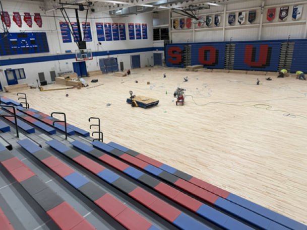 Gym floor replacement at Glenbard South in June 2026