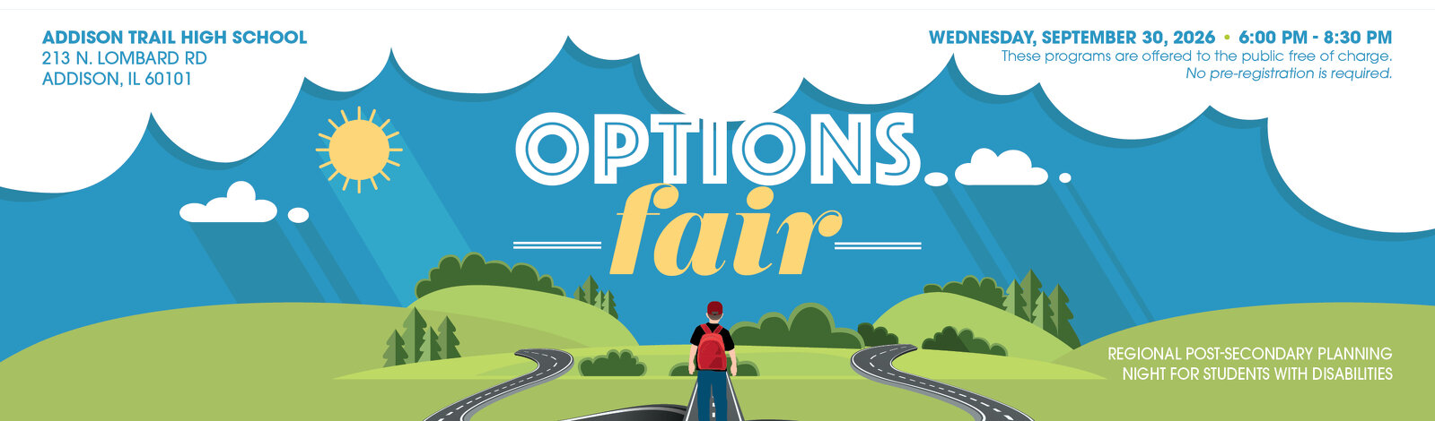 Flier for Options Fair on Sept. 30, 2026 at 6 p.m. at Addison Trail High School