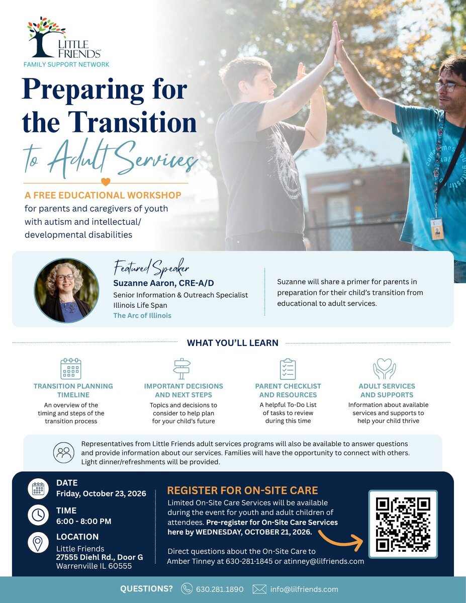 Flier for Little Friends Family Support Network event on Oct. 23 at 6 p.m. Free educational workshop for parents and caregivers of youth with autism and intellectual/developmental disabilities.
