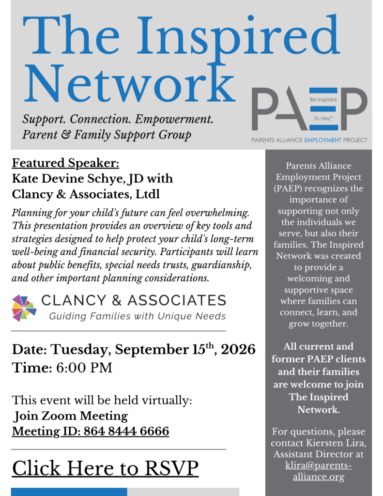 Flier for The Inspired Network featured speaker Kate Devine Schye on Sept. 15, 2026 at 6 p.m. on Zoom