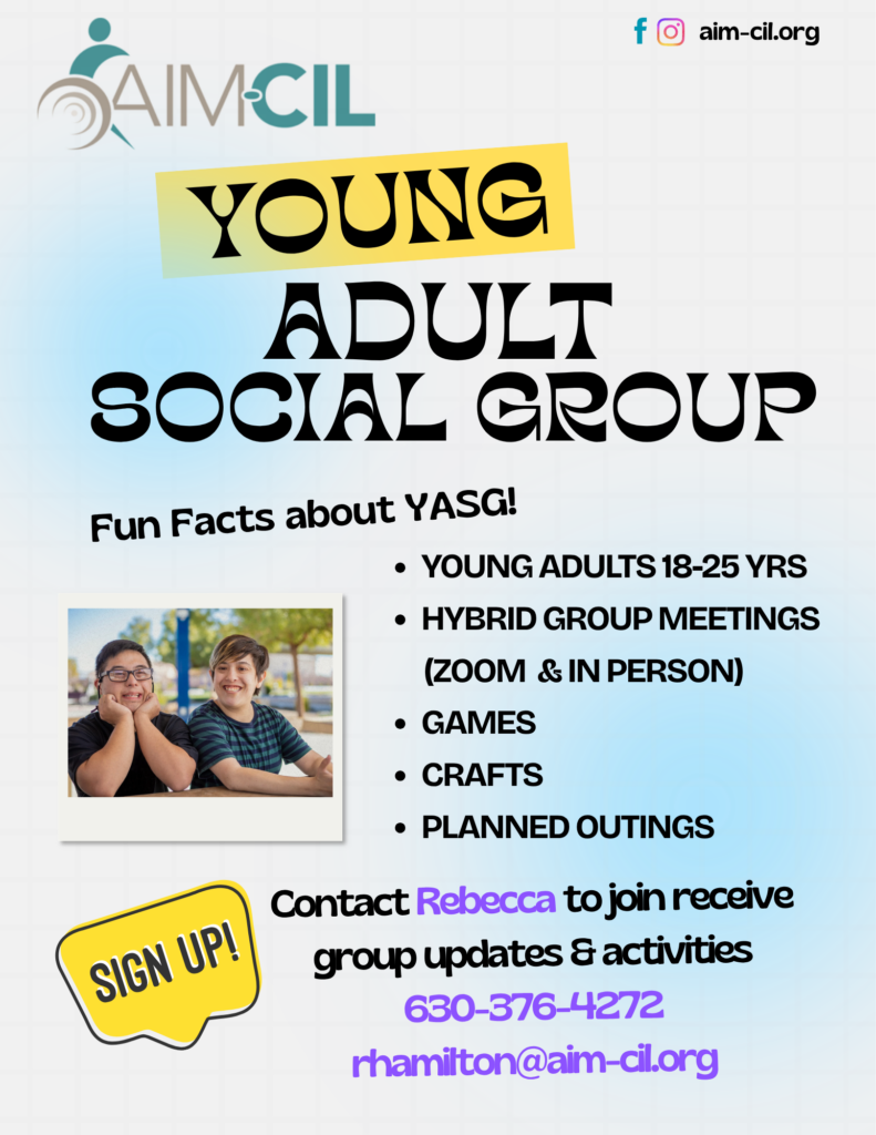 Promotional flier for AIM-CIP Young Adult Social Group (young adults age 18-25)